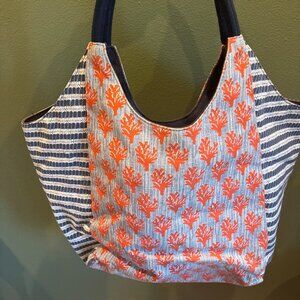 Stella & Dot Coral Reef Canvas Tote Blue Stripe Shoulder Bag